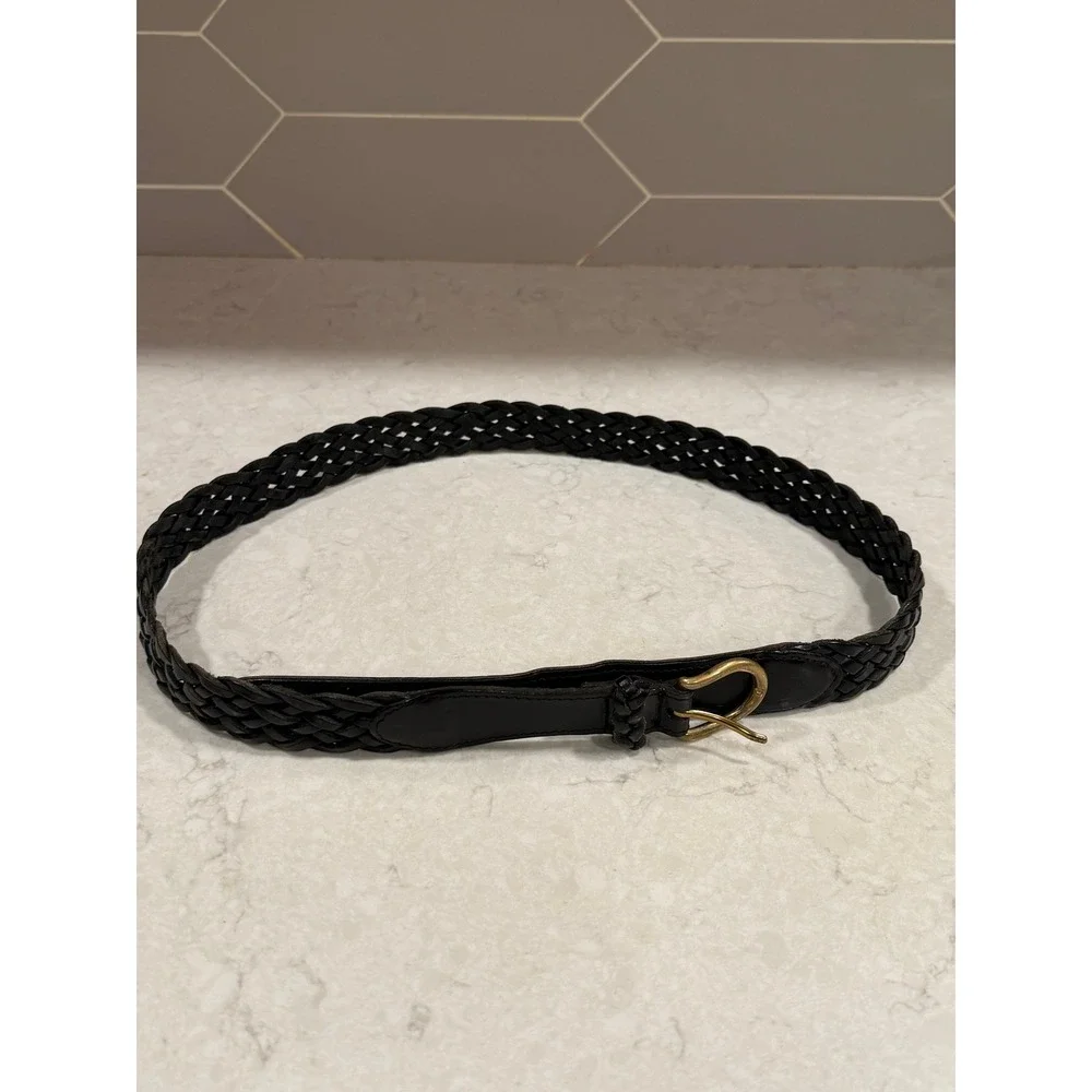 Vintage Black Woven Braided Genuine Leather Belt Solid Brass Buckle Turkey 4372